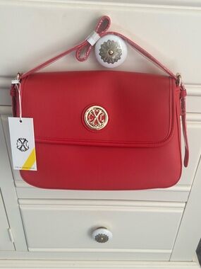 NWT CXL by Christian Lacroix Red Caviar Shoulder Bag w/ Gold Hardware